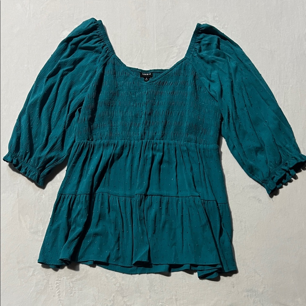 Torrid Crinkle Gauze Smocked 3/4 Blouson Tiered Top milkmaid babydoll ruffle - Picture 6 of 12